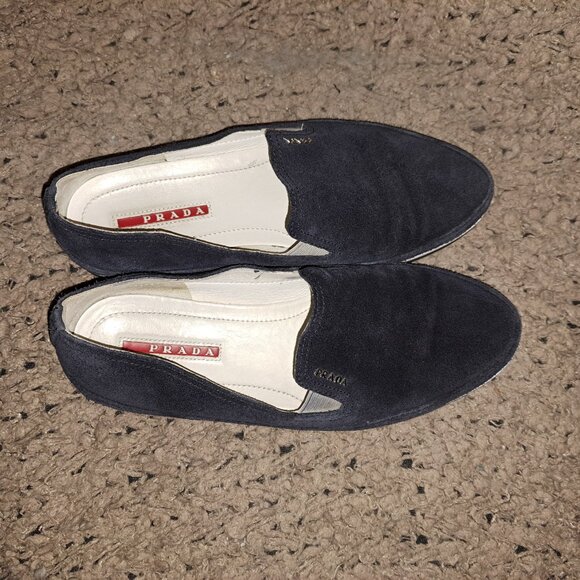 PRADA-3S 5749-Navy Suede Loafers-Silver Logo-Sz 36.5-Very Good Pre-Owned - Picture 7 of 8